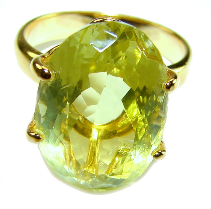 Solid 14.8 carat Genuine Lemon Quartz 14K Gold over .925 Sterling Silver handcrafted ring size 7 - Close-up of lemon quartz ring in 14K gold setting.