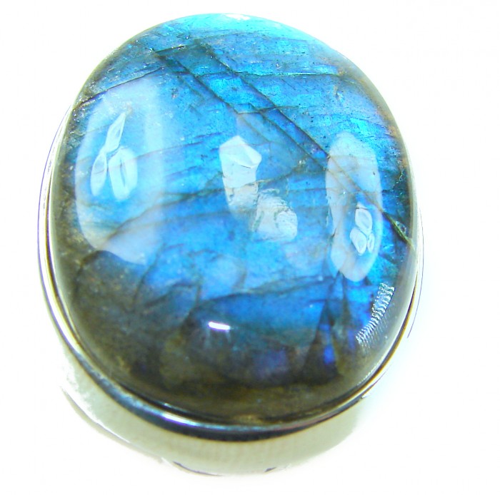 Shimmering Natural Labradorite .925 Sterling Silver handcrafted Large ring size 8 adjustable - Close-up of shimmering natural Labradorite in .925 Sterling Silver setting.