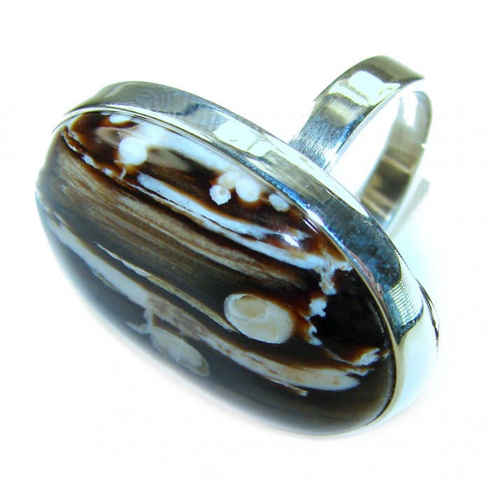 Exotic Petrified Palm Wood .925 Sterling Silver LARGE Ring size 7 adjustable - Close-up of large petrified palm wood sterling silver ring.