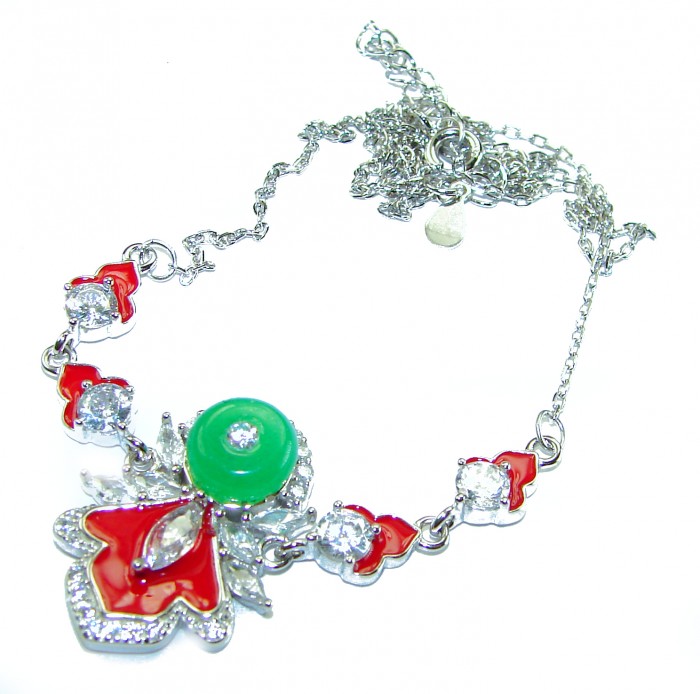 Purity and Harmony Precious genuine 6.5 carat Jade .925 Sterling Silver handcrafted Necklace - Colorful jade necklace, top view, showcasing red and green stones.
