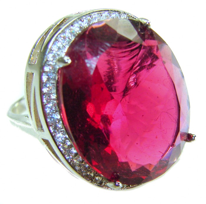 Raspberry Kisses Genuine 29.8 CARAT Red TOPAZ .925 Sterling Silver Large Statement Ring size 6 3/4 - Close-up of Raspberry Kisses red topaz ring with diamond accents.