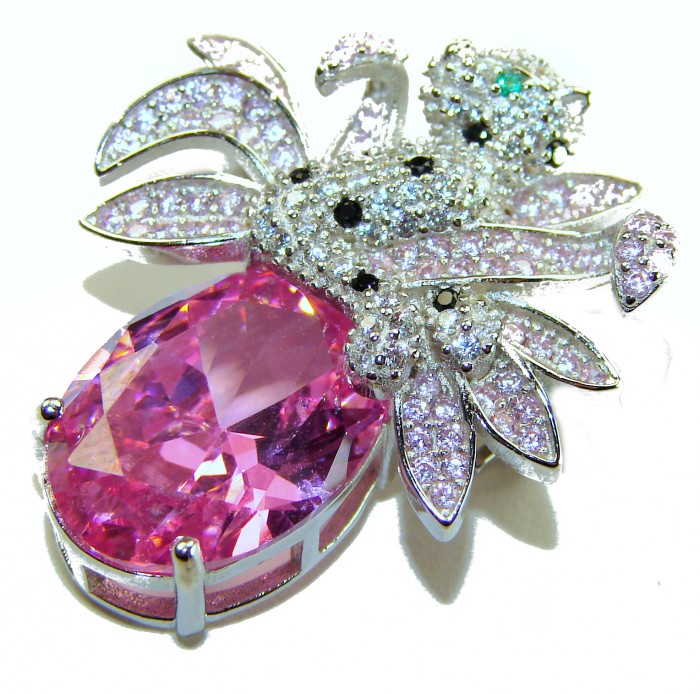 Pink Cheetah authentic 12.5 carat Swiss Blue Topaz .925 Sterling Silver Handcrafted pendant brooch - Close-up of Pink Cheetah brooch with oval pink gemstone and crystal details.