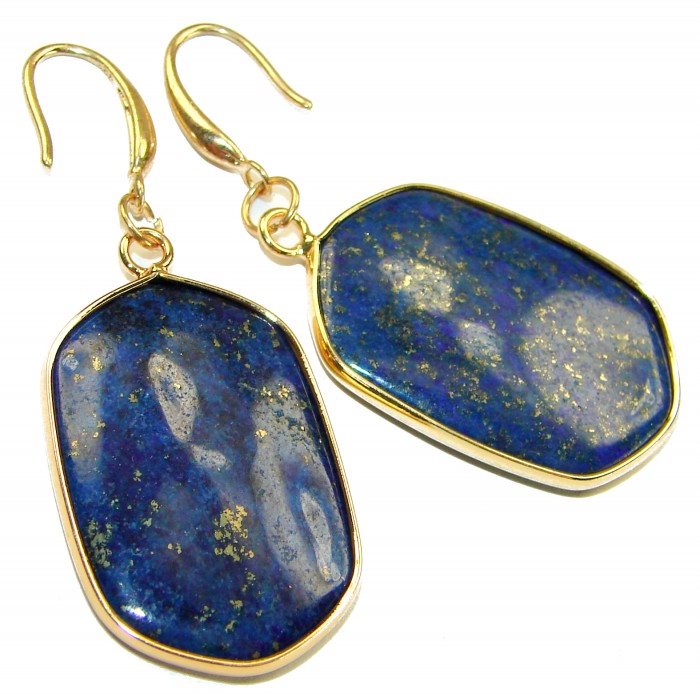 Gorgeous Lapis Lazuli 14K Gold over .925 Sterling Silver handcrafted earrings - Lapis Lazuli earrings in gold frame, close-up view
