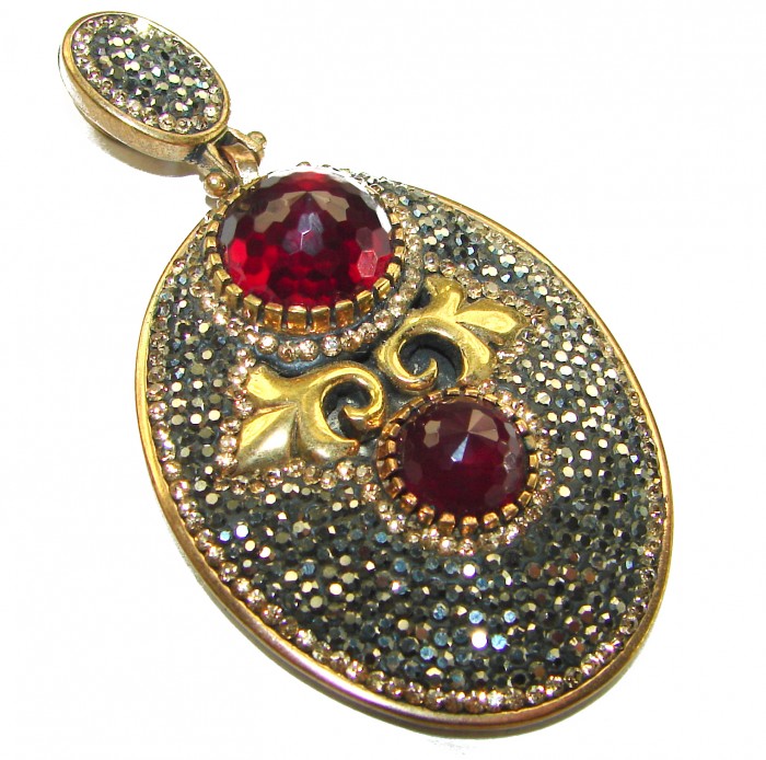 Victorian Style authentic Ruby .925 Sterling Silver handmade Pendant - Victorian style ruby pendant close-up with intricate detailing