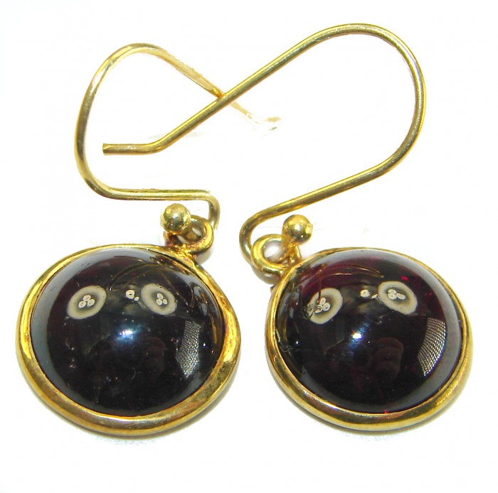Elizabeth Authentic 8.2 carat Garnet 14K Gold over .925 Sterling Silver brilliantly handcrafted earrings - Garnet earrings in 14K gold, side view highlighting stones and hooks.