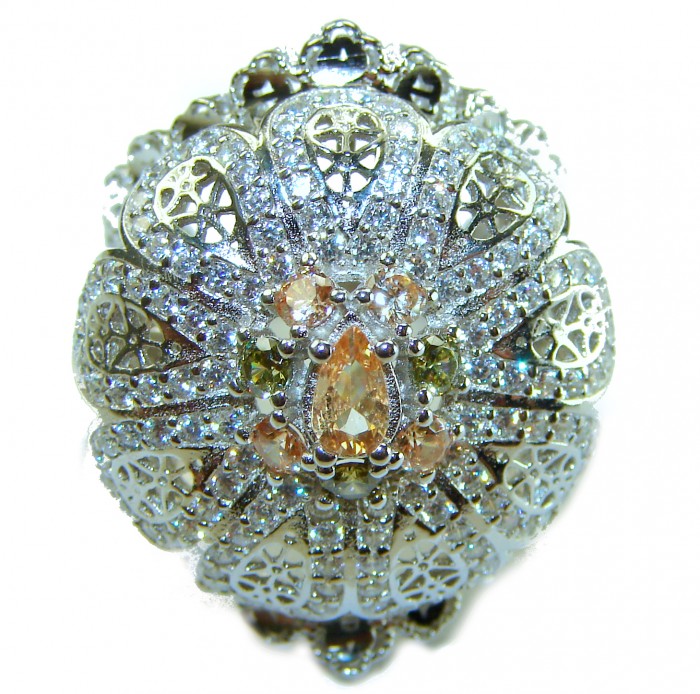 Casablanca Italy made 1.8 carat yellow Sapphire .925 Sterling Silver brilliantly handcrafted ring s. 6 3/4 - Close-up of ornate yellow sapphire ring with intricate detailing
