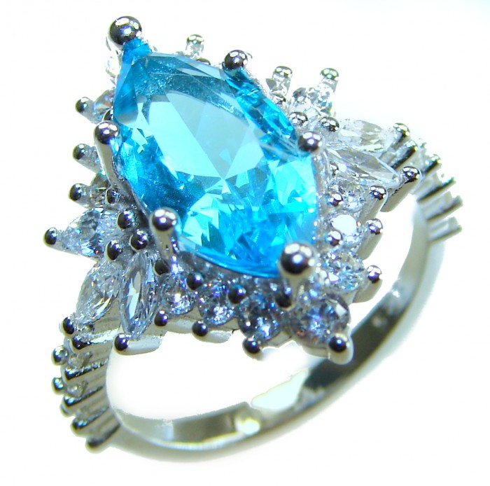 Pacifica 6.5 carat authentic Swiss Blue Topaz .925 Sterling Silver handmade Statement Ring size 6 - Close-up of Pacifica Swiss Blue Topaz ring with .925 sterling silver.