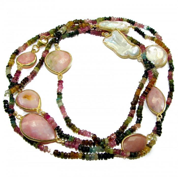 Infinity authentic 55.5 carat Pink Opal Brazilian Tourmaline .925 Sterling Silver handcrafted Station necklace; 44 inches - Colorful beaded necklace with pink opals and tourmaline, top view.