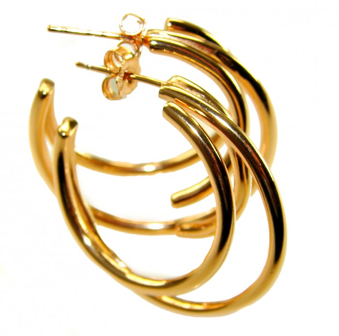 Dubai Style - Golden fantasy .925 Sterling Silver dipped in 22K Gold handmade Large Earrings - Close-up of golden hoop earrings with triple hoop design.