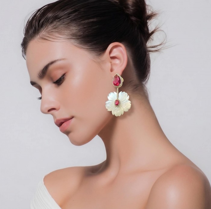 Summer Flowers Blister Pearl Red Topaz 14K Gold over .925 Sterling Silver handcrafted Earrings - Side view of woman wearing Summer Flowers pearl and topaz earrings