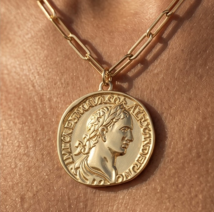 Ave Caesar - Vintage Style Coin .925 Sterling silver and plated with 14K Gold handcrafted necklace - Coin necklace close-up on skin, vintage style, gold tone.