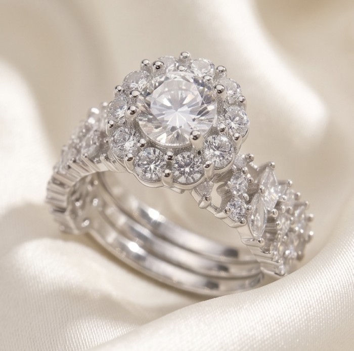 Aphrodite - 5.8 carat White Topaz .925 Sterling Silver handcrafted stack up ring size 8 - Close-up of Aphrodite ring in white topaz and sterling silver on satin fabric.