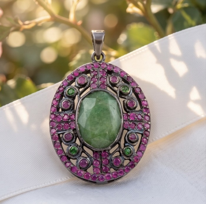 Brazilian Beauty 14.5ctw OVAL cut Brazilian Tourmaline black rhodium over .925 Sterling Silver handmade Pendant - Vintage-style pendant with green oval tourmaline, close-up.