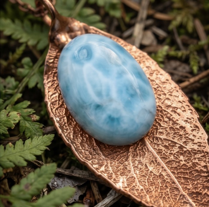 Stylish REAL Leaf dipped in gold REAL Larimar stone .925 Sterling Silver Pendant - Close-up of Larimar stone on a leaf-shaped gold-dipped pendant.
