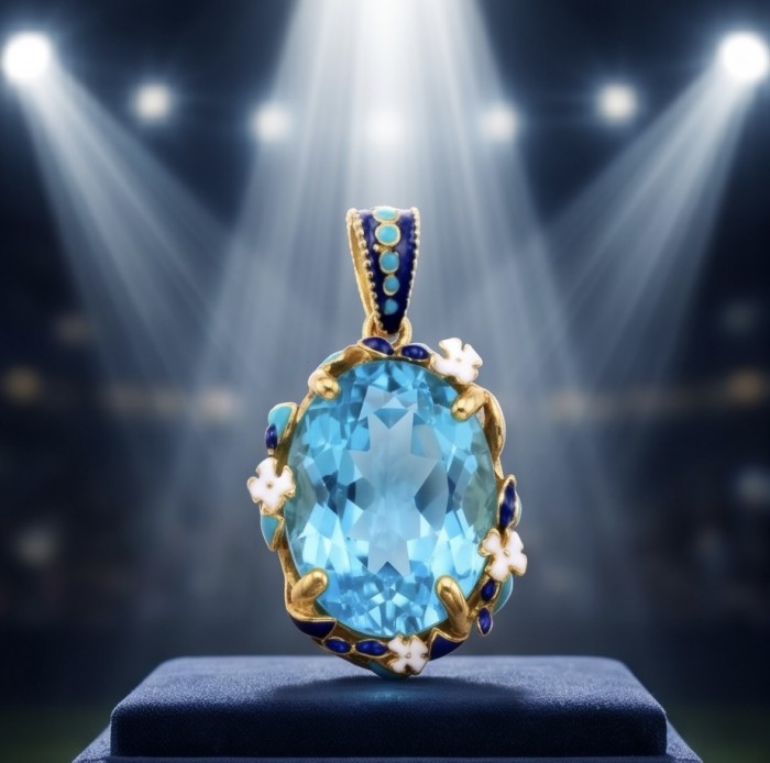 Atlantica - amazing quality heart cut 22.5 CARAT genuine Swiss Blue Topaz enamel 22K Gold over .925 Sterling Silver handmade pendant - Close-up of Atlantica pendant with blue gemstone under spotlight.