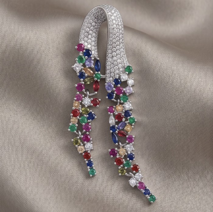 Heirloom Genuine 10.5 carat Multigem .925 Sterling Silver dipped in rhodium handmade Pendant - Multigem earrings on satin backdrop, showcasing detailed gemstone arrangement.