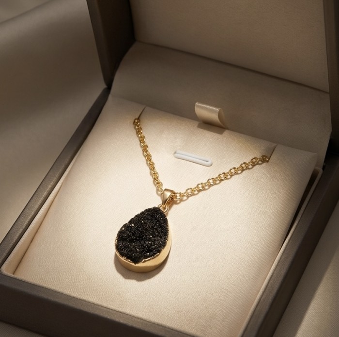 Boho Style Genuine Black Druzy .925 Sterling Silver handmade necklace - Gold chain with black druzy pendant in jewelry box, top view.