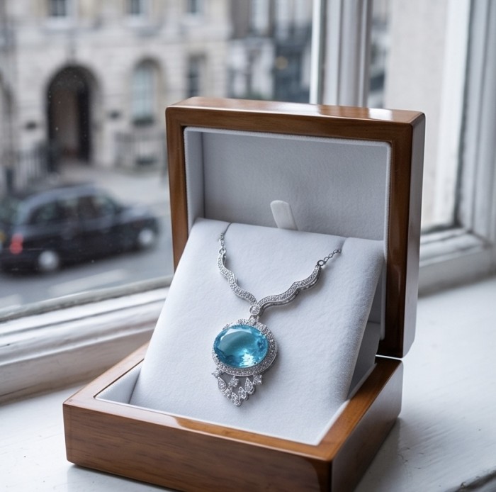A Wild Ocean genuine 27.4 carat Paraiba Tourmaline .925 Sterling Silver handmade Statement necklace - Necklace display front view, 27.4 carat Paraiba Tourmaline in box.
