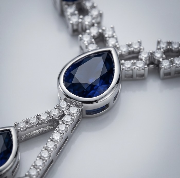 Blue Royalty 16.2 carat Sapphire .925 Sterling Silver handcrafted Statement Necklace - Close-up of Blue Royalty sapphire on sterling silver necklace setting.