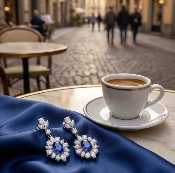 Best quality 3.9 carat African Kyanite .925 Sterling Silver handcrafted earrings - Elegant earrings with blue kyanite on table with coffee, outdoor setting.