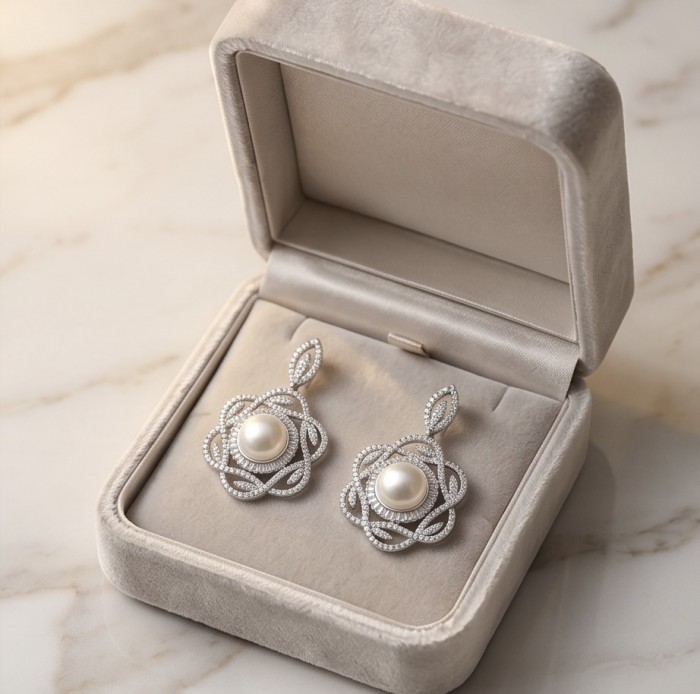 BLOOMING FLOWERS Genuine Pearl 0.2 CARAT lab grown Diamond rhodium over .925 Sterling Silver handcrafted Statement Earrings - Earrings in open case, top view, with pearl and diamond floral design.