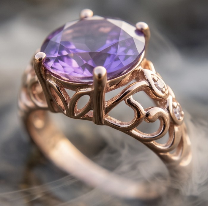 Serenity 9.5 carat natural Amethyst 18K Rose Gold over .925 Sterling Silver Handcrafted Ring size 8 - Amethyst ring stone close-up, 18K rose gold intricate detailing.