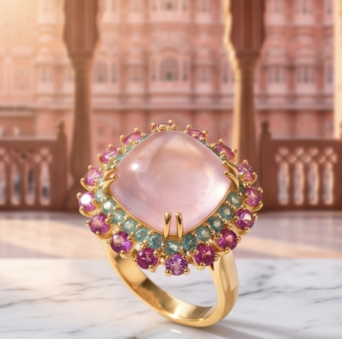 Scarlett 12.9 carat Rose Quartz 18K Rose Gold over .925 Sterling Silver handcrafted Statement Ring size 7 - Rose quartz ring with colorful gems, front view, marble background