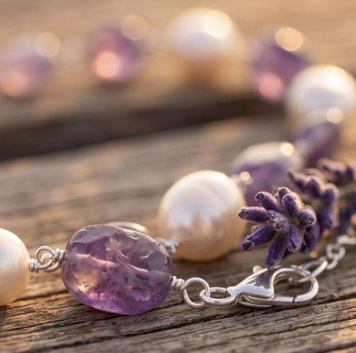Giovanna - Top quality Natural Amethyst Mother of Pearl .925 Sterling Silver handcrafted 34 inches necklace - Close-up of amethyst and pearl necklace with clasp and lavender.