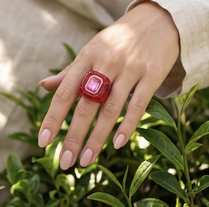 Candy Store - Modern Design Natural Red Raisin Pink Topaz .925 Sterling Silver ring size 8 - Red raisin pink topaz ring worn on hand in natural light.