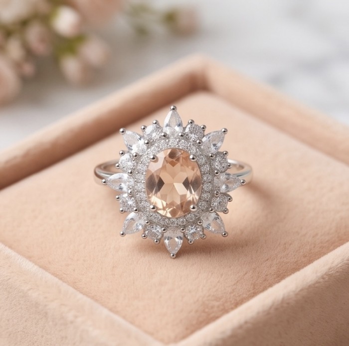 Isabella Authentic oval cut 4.8 carat Morganite .925 Sterling Silver ring s. 7 - Close-up of Isabella oval Morganite ring in a soft box backdrop.
