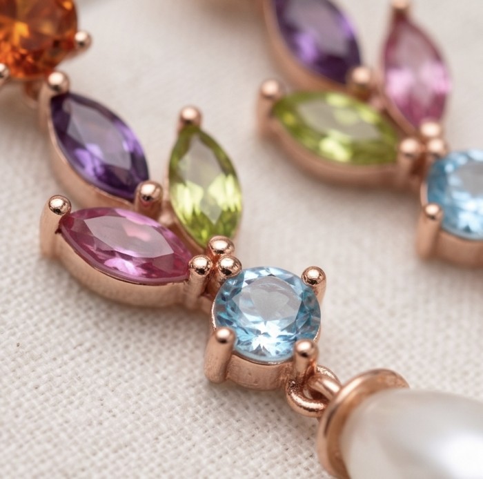 Giovanna - Authentic 4.5 carat Multigem 14K Rose Gold over .925 Sterling Silver handcrafted earrings - Stone close-up of multigem earrings in rose gold settings.