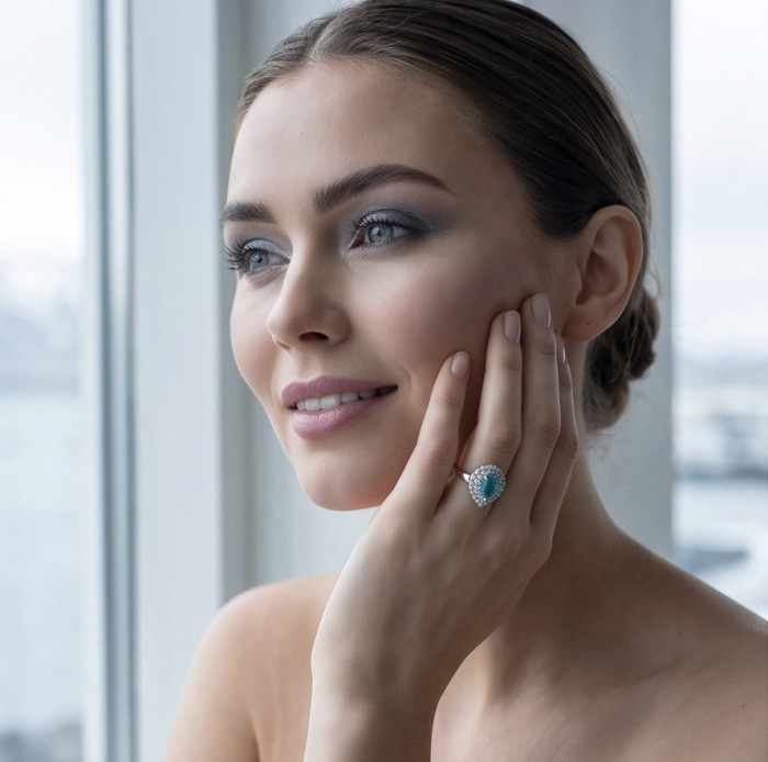 Vintage style - 4.9 carat authentic Emerald .925 Sterling Silver handcrafted Statement Ring s. 7 1/4 - Woman wearing vintage style emerald ring, close-up on hand and face.