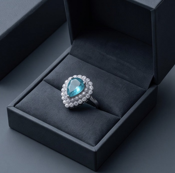 Vintage style - 4.9 carat authentic Emerald .925 Sterling Silver handcrafted Statement Ring s. 7 1/4 - Elegant ring with blue emerald and diamond halo in open box, top view.