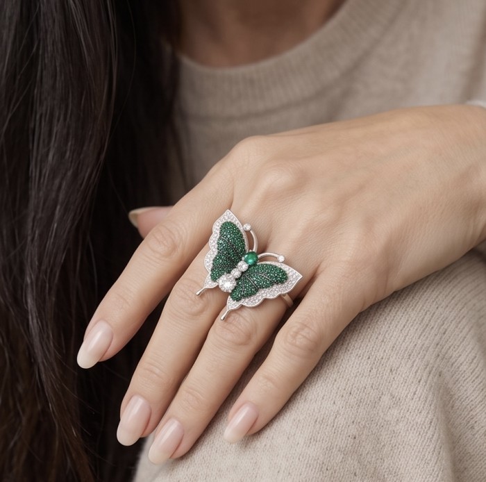 Precious Butterfly Genuine 10.5 carat pave Colombian Emerald .925 Sterling Silver handmade Statement Ring size 7 1/2 - Butterfly emerald ring worn on hand, showcasing intricate detail.