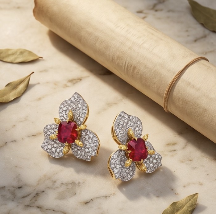 Exotica - authentic 7.9 carat Brazilian Garnet 2 tones .925 Sterling Silver dipped in rhodium handcrafted earrings - Top view of Exotica earrings with Brazilian garnet and diamond detail.