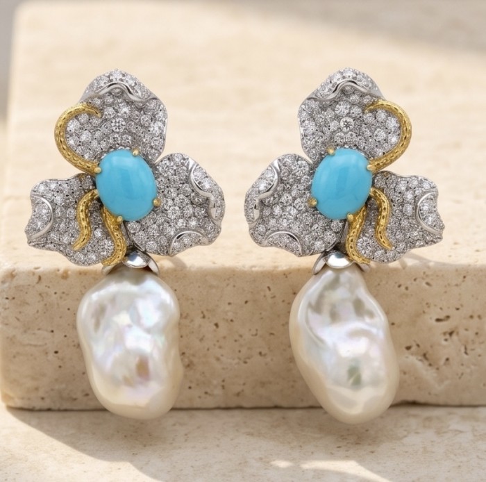 Precious Mother of Pearl 8.9 carat Sleeping Beauty Turquoise 18K Gold over .925 Sterling Silver handcrafted Earrings - Front view of luxury earrings with turquoise and pearl details.