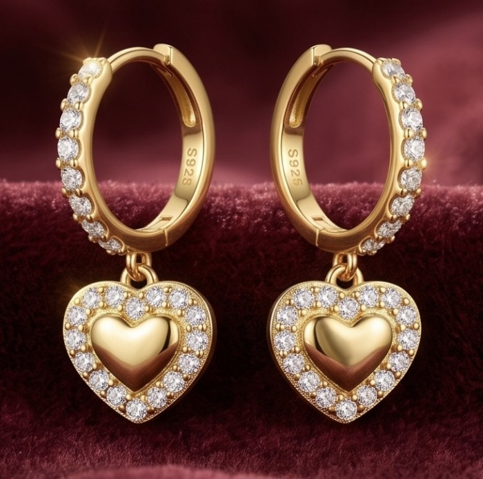 Precious Hearts - authentic 0.5 carat White Topaz .925 Sterling Silver dipped in 14K Gold handcrafted Statement Earrings - Gold heart hoop earrings with white topaz stones on velvet background