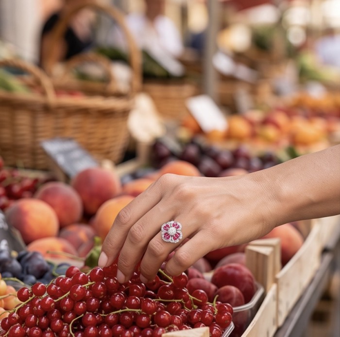 Izabella Luxurious natural 6.8 carat Ruby rhodium over .925 Sterling Silver handmade incredible ring s. 6 - Ruby ring worn on hand, holding red currants at a market.