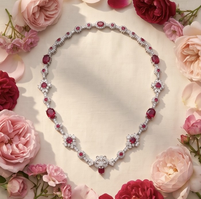 Leo - the King - Genuine 22.8 carat Ruby rhodium over .925 Sterling Silver handcrafted Statement Necklace - Necklace with ruby and diamond design, surrounded by pink roses.