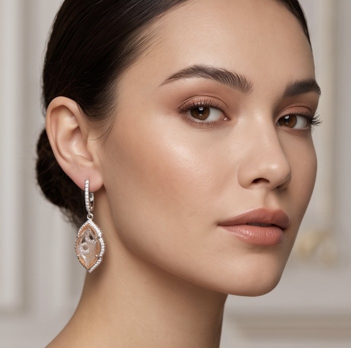 Jasmine 14.9 carat authentic Morganite .925 Sterling Silver Handcrafted Statement Earrings - Woman wearing Jasmine Morganite earrings, side view close-up.