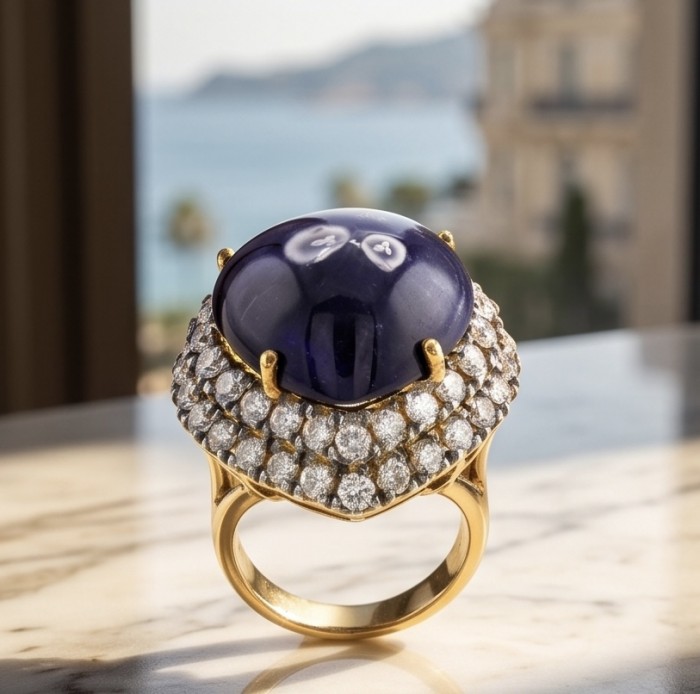 Blue Angel's Heart - Iconic design - Genuine 22.5 carat Sapphire .925 Sterling Silver dipped in 22K Gold handcrafted Ring size 6 - Luxury ring with large blue stone and diamond setting, side view.
