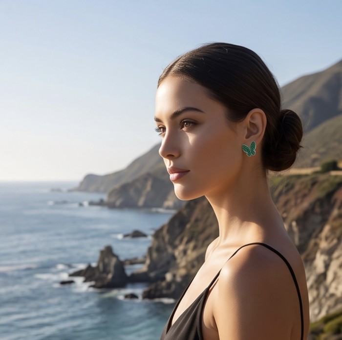 Incredible Butterflies genuine mystry setting 15.5 CARAT Emerald .925 Sterling Silver handcrafted Earrings - Side view of woman wearing green butterfly earrings by the ocean.