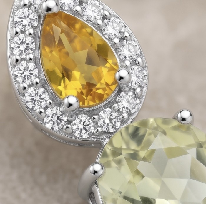 Giovanna - Authentic 6.4 carat Brazilian Citrine Tourmaline .925 Sterling Silver dipped in rhodium handcrafted earrings - Close-up of Giovanna Brazilian Citrine and Tourmaline gemstones.