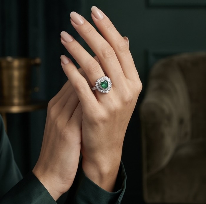 Precious Heart 2.8 carat natural Colombian Emerald .925 Sterling Silver handmade Statement Ring size 7 1/4 - Emerald ring worn on hand, showcasing heart-shaped design and stone.