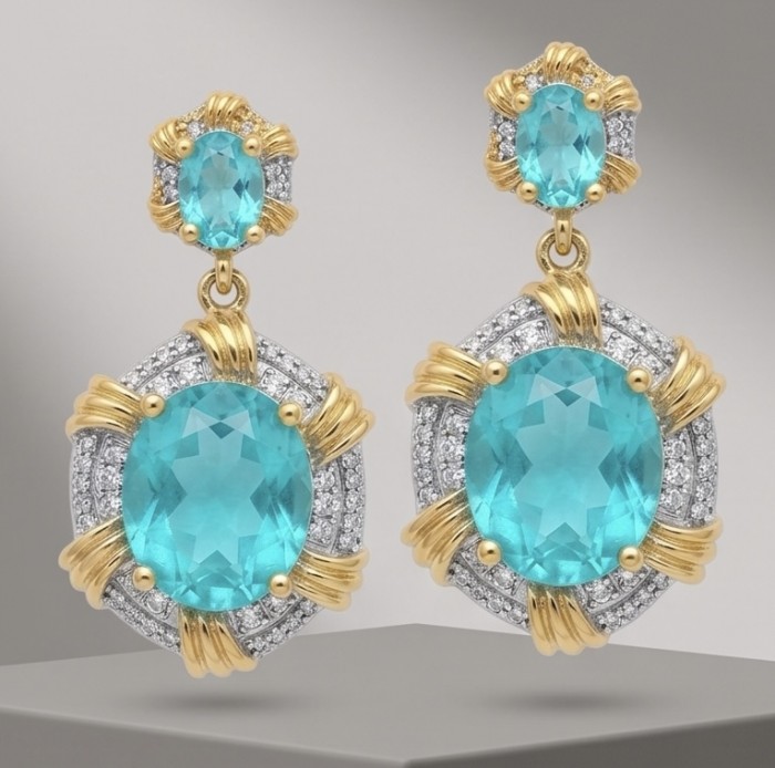 Real Treasure 21.5 carat Aquamarine 2 tones .925 Sterling Silver Handcrafted Earrings - Front view of aquamarine earrings with gold and silver detailing.