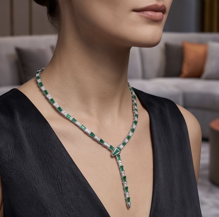 Snake - Iconic design - genuine INLAY MALACHITE .925 Sterling Silver dipped in Rhodium handcrafted Necklace - Necklace worn on model, showcasing malachite inlay and iconic design.