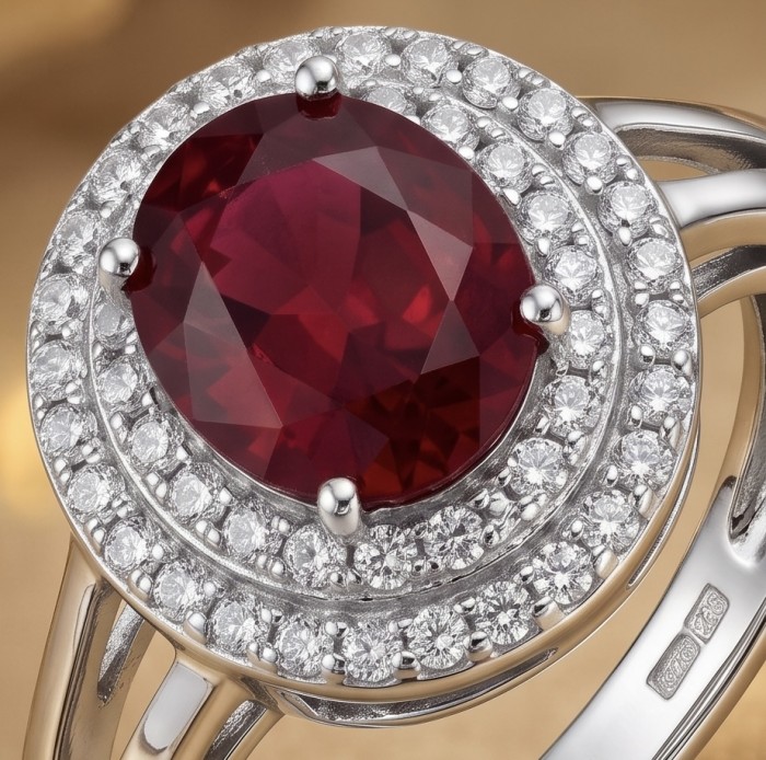 Exquisite 4.5 ctw Mozambique Ruby .925 Sterling Silver handcrafted Statement Ring size 9 - Close-up of Mozambique ruby ring in sterling silver with diamond accents.
