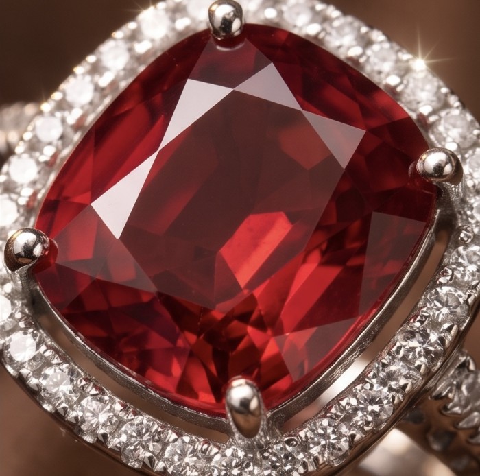 Exquisite 6.5 ctw Ruby .925 Sterling Silver handcrafted Statement Ring size 7 1/2 - Close-up of ruby stone in sterling silver ring with diamond accents.