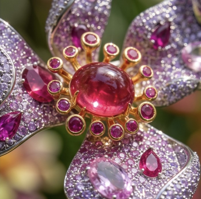 Exotic Flower - RARE FINDING - 7.7 carat Authentic Ruby 22k Gold over .925 Sterling Silver handcrafted Pendant Brooch - Close-up of exotic flower-shaped jewelry with ruby gemstone centerpiece.