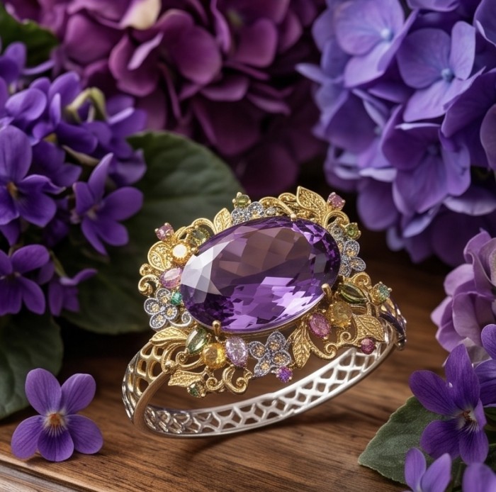 Marie Antoinette's Style - Authentic 41.9 carat African Amethyst .925 Sterling Silver dipped in 18K Gold handcrafted Bracelet - Ornate amethyst bracelet with floral accents, surrounded by purple flowers.
